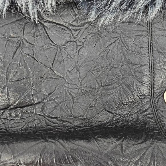 Galaday Removeable‎ Fur Detail Crinkle Leather Handbag Shoulder Purse Tote Black - Picture 5 of 16